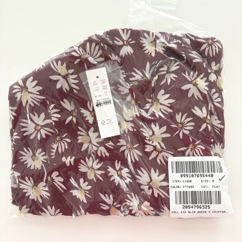 NWT J. Crew Collection Slip Dress Daisy-print Chiffon Burgundy Red